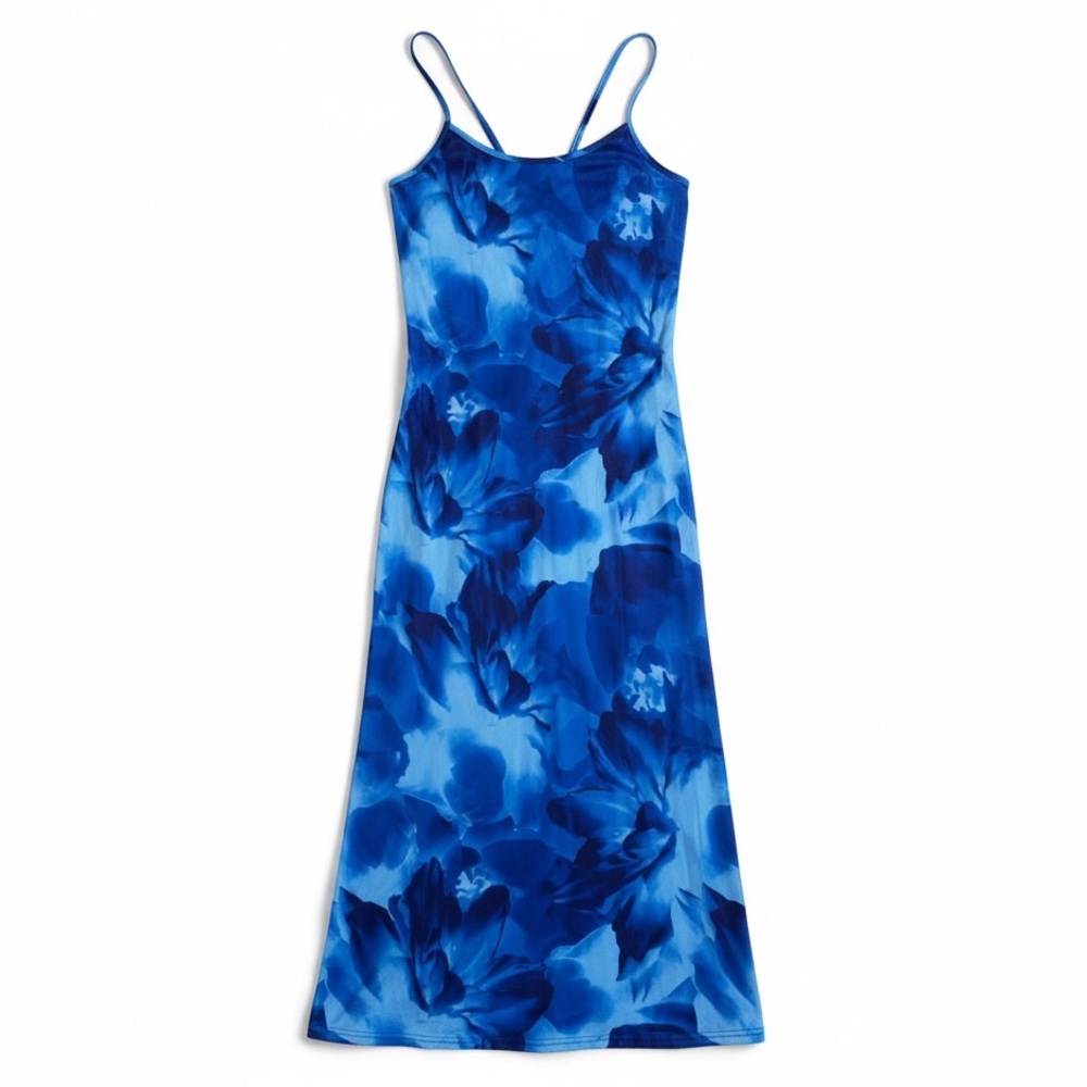 ANGASHION Blue Floral Maxi Dress Strappy Tie Back Slip Sundress Medium